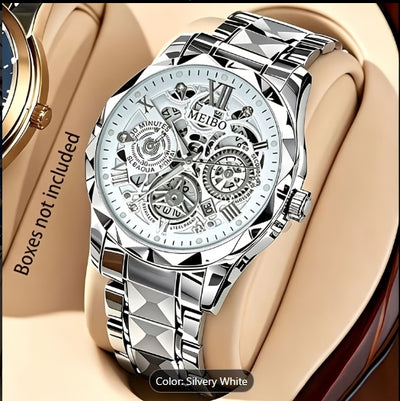 Men's Golden Quartz Watch Stainless Steel Strap Roman Numeral Dial Day Calendar 3-Eye