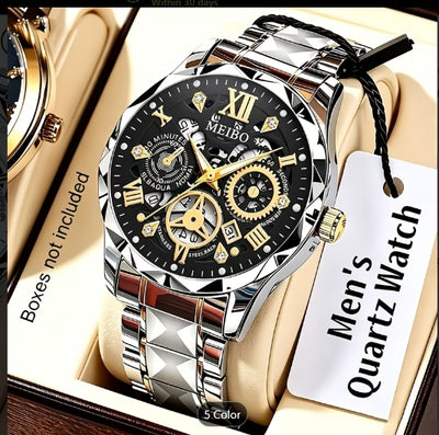 Men's Golden Quartz Watch Stainless Steel Strap Roman Numeral Dial Day Calendar 3-Eye