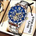 Men's Golden Quartz Watch Stainless Steel Strap Roman Numeral Dial Day Calendar 3-Eye
