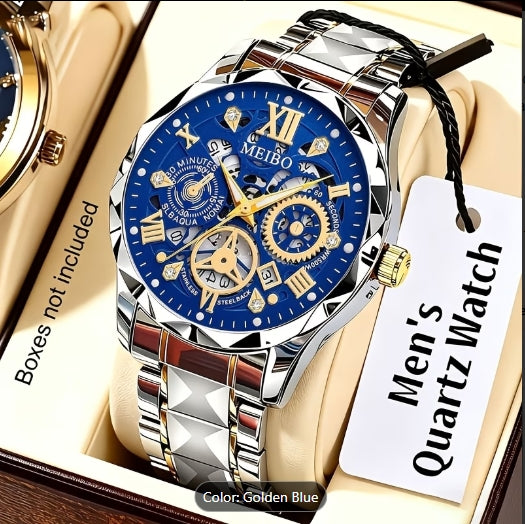 Men's Golden Quartz Watch Stainless Steel Strap Roman Numeral Dial Day Calendar 3-Eye